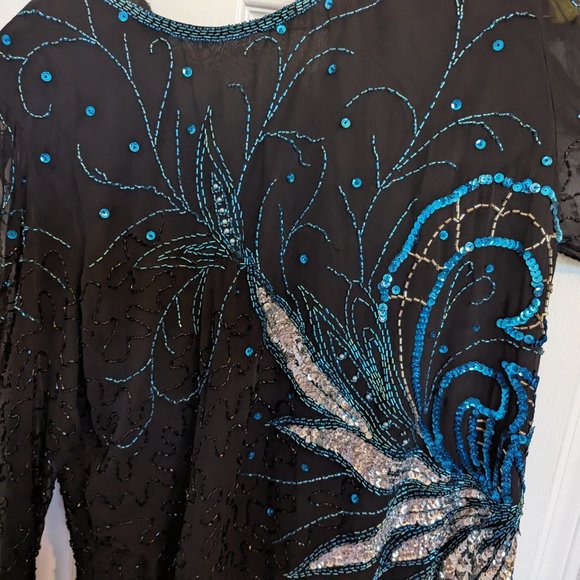 DAZZLING SILK | BEADED & SEQUIN | Vintage | Black Tie Top | L | EVC - Picture 3 of 11